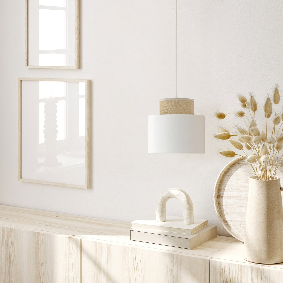 DUO White Linen & Jute Cylinder Pendant Light for Kitchen Island & Dining