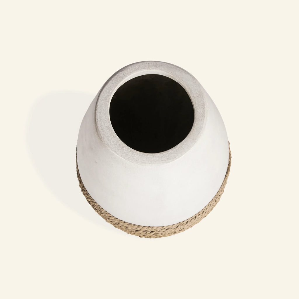 Large decorative vase in cement and seagrass