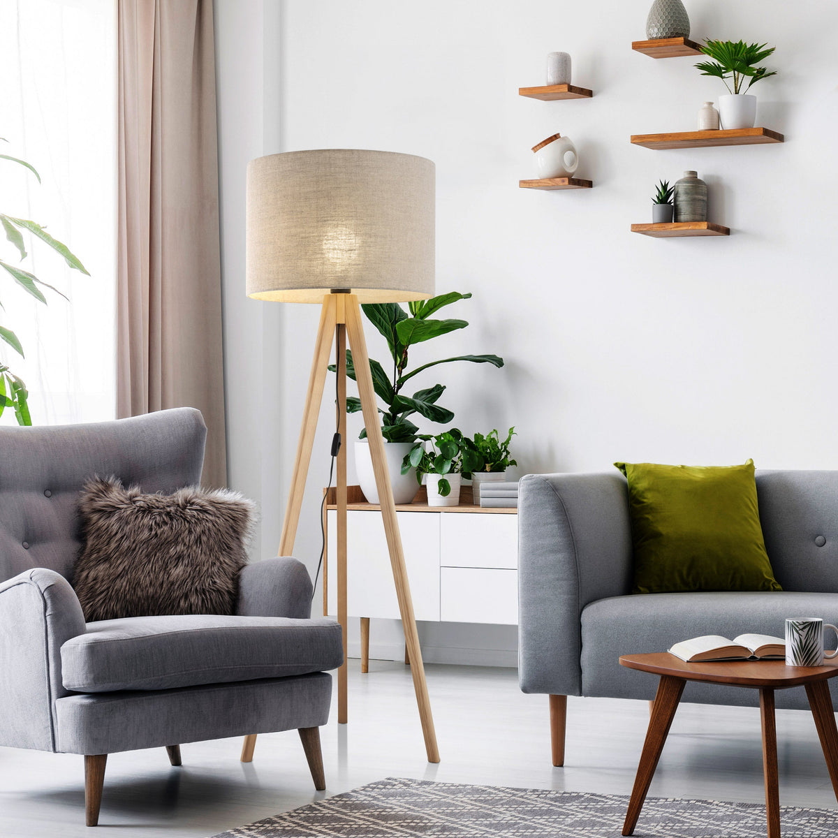 GRAND Pine & Linen Mid-Century Modern Floor Lamp for Living Room, Bedroom & Reading Nook