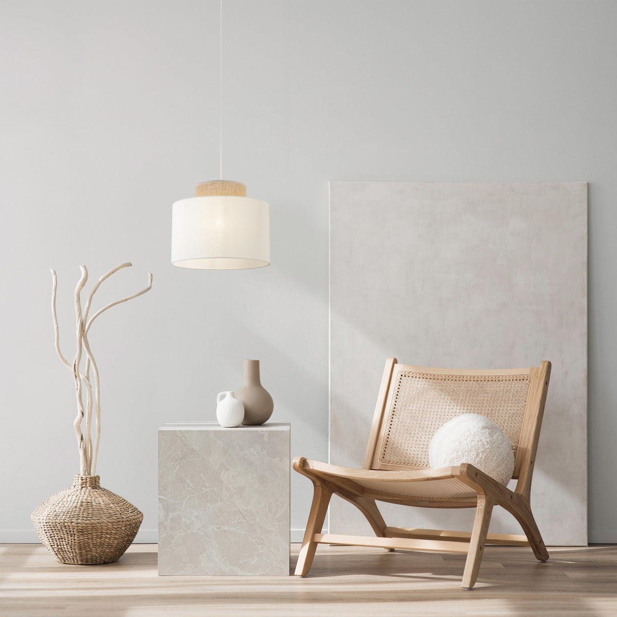 DUO White Linen & Jute Cylinder Pendant Light for Kitchen Island & Dining
