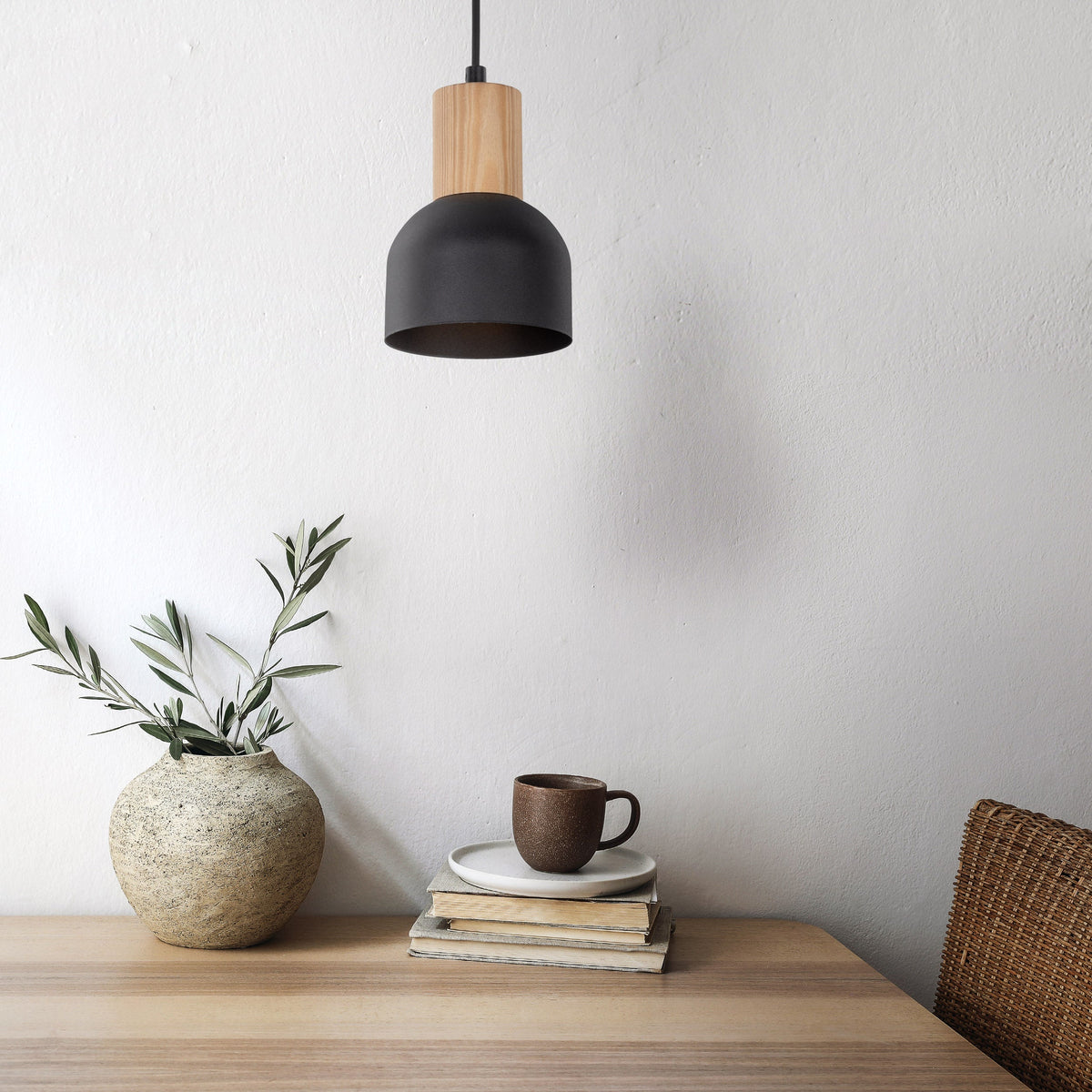 CAIRO Black & Wood Mini Dome Pendant Light for Kitchen Island & Counter