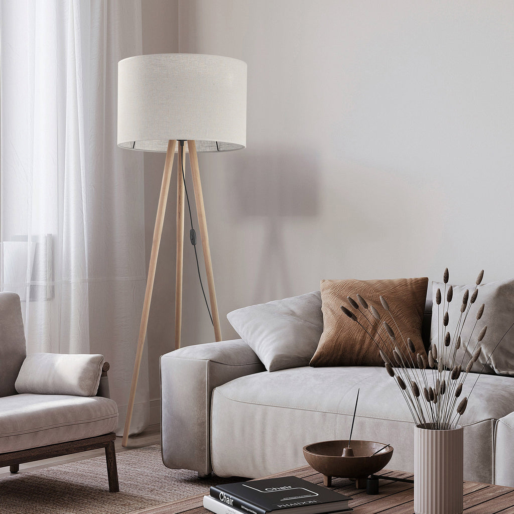 TOKYO Natural Linen & Wood Tripod Floor Lamp for Living Room, Bedroom & Reading Nook