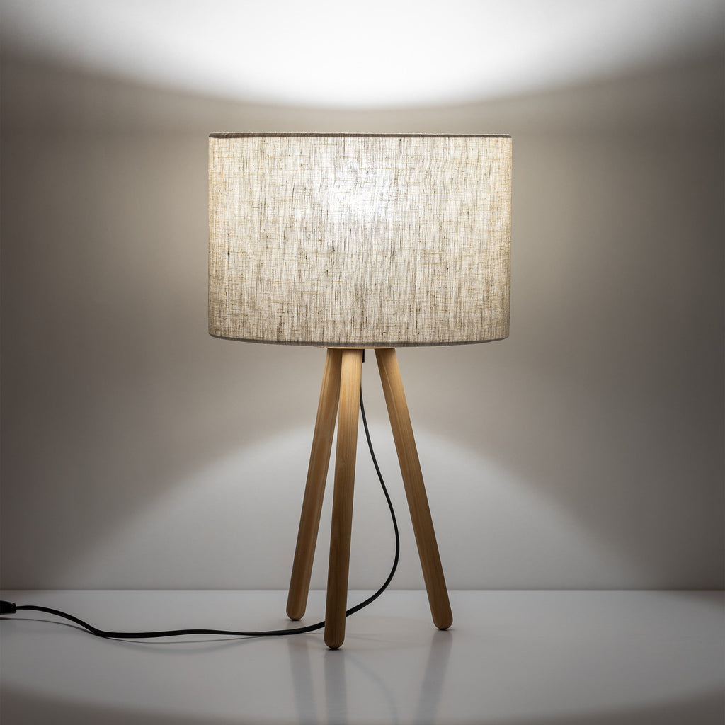 TOKYO Natural Linen & Wood Tripod Table Lamp for Bedroom & Nightstand