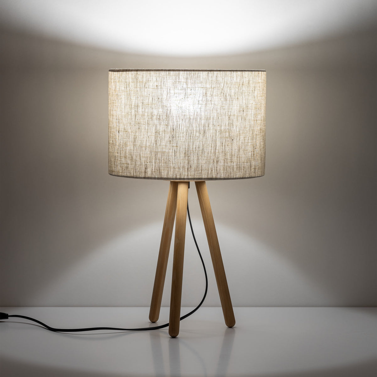 TOKYO Natural Linen & Wood Tripod Table Lamp for Bedroom & Nightstand