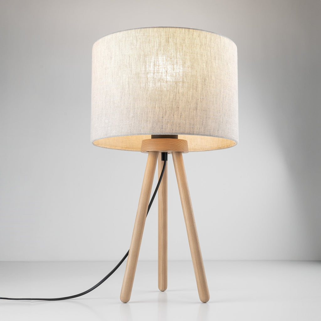 TOKYO Natural Linen & Wood Tripod Table Lamp for Bedroom & Nightstand