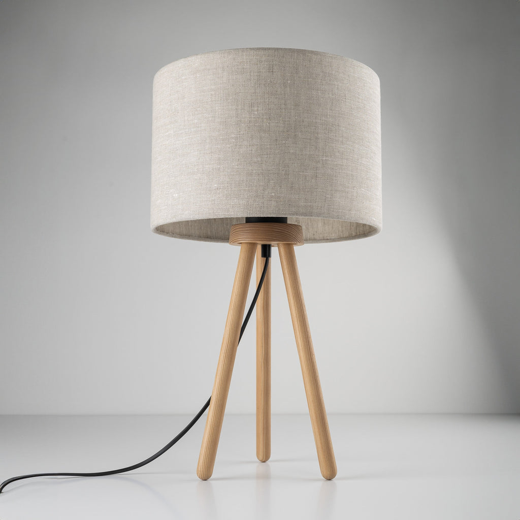 TOKYO Natural Linen & Wood Tripod Table Lamp for Bedroom & Nightstand