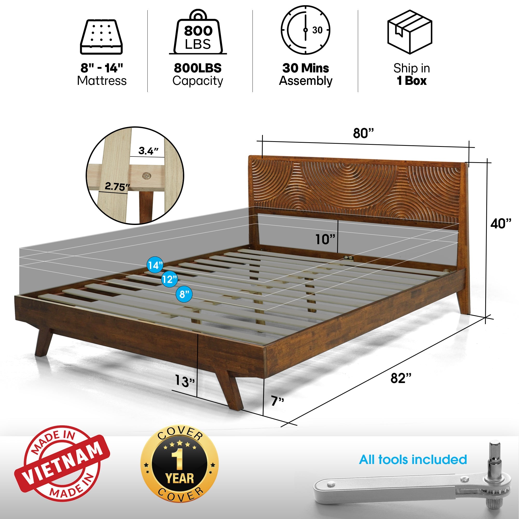 Harmony Solid Wood Platform Bed Frame