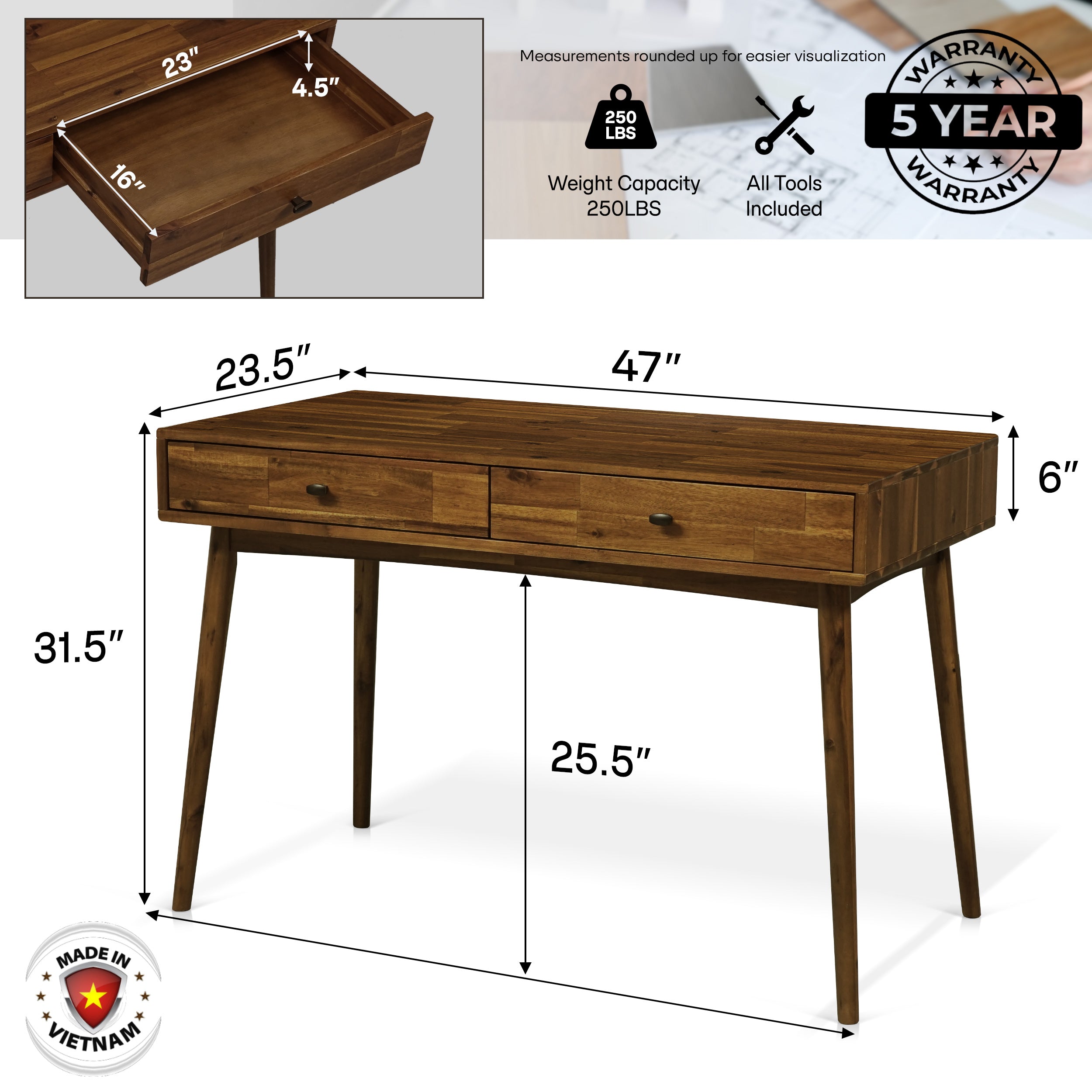 Lagom 48" Solid Wood Work Desk with Drawers