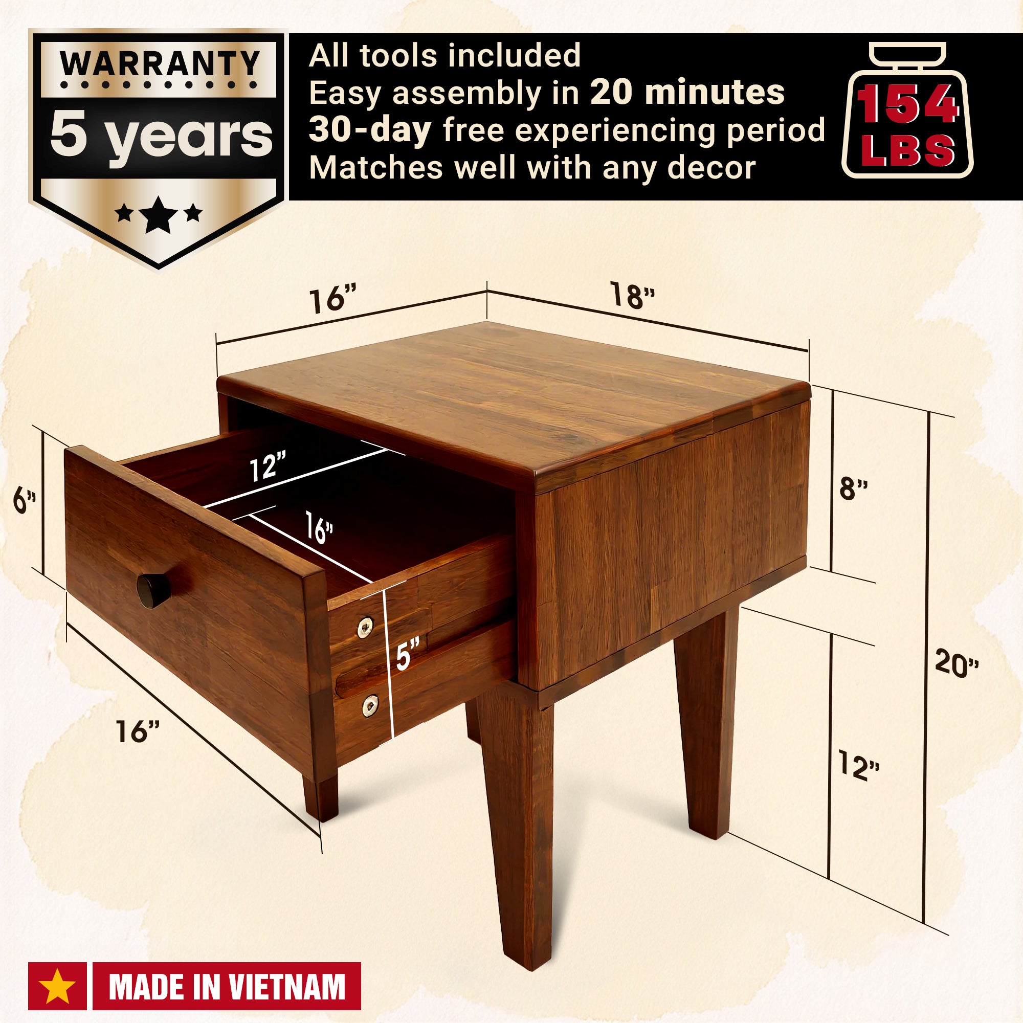 Sofia 1-Drawer Solid Wood Nightstand