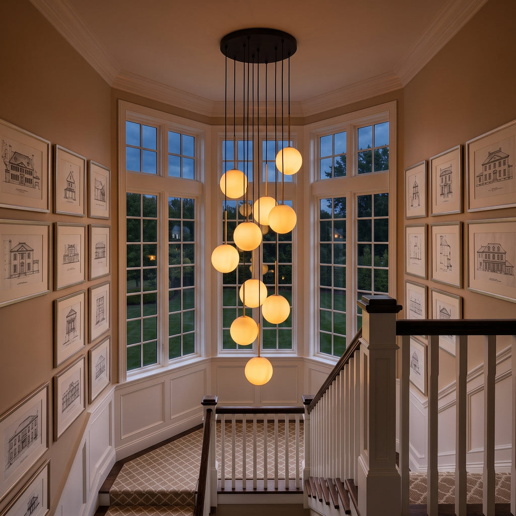 NILOS 10-Light Gold & Glass Cascade Chandelier for Stairwell & Entryway