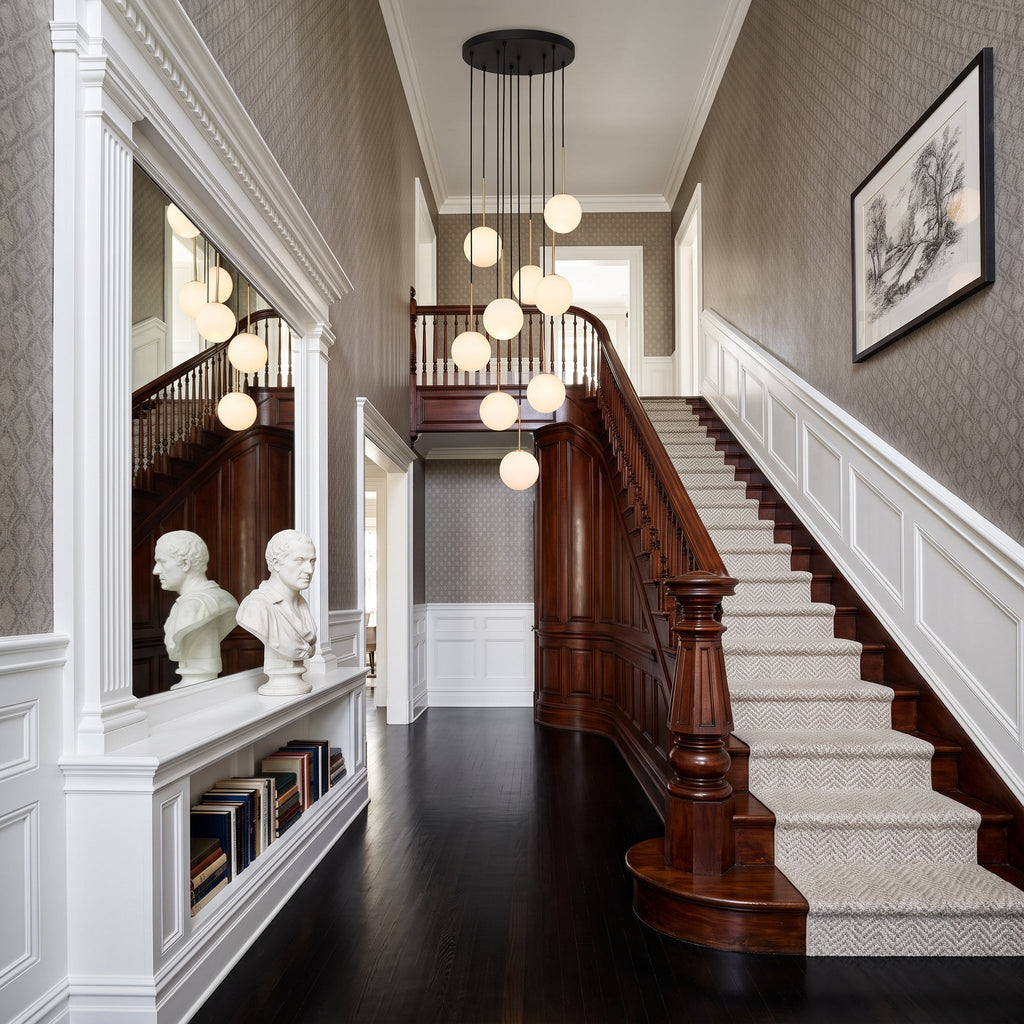 NILOS 10-Light Gold & Glass Cascade Chandelier for Stairwell & Entryway