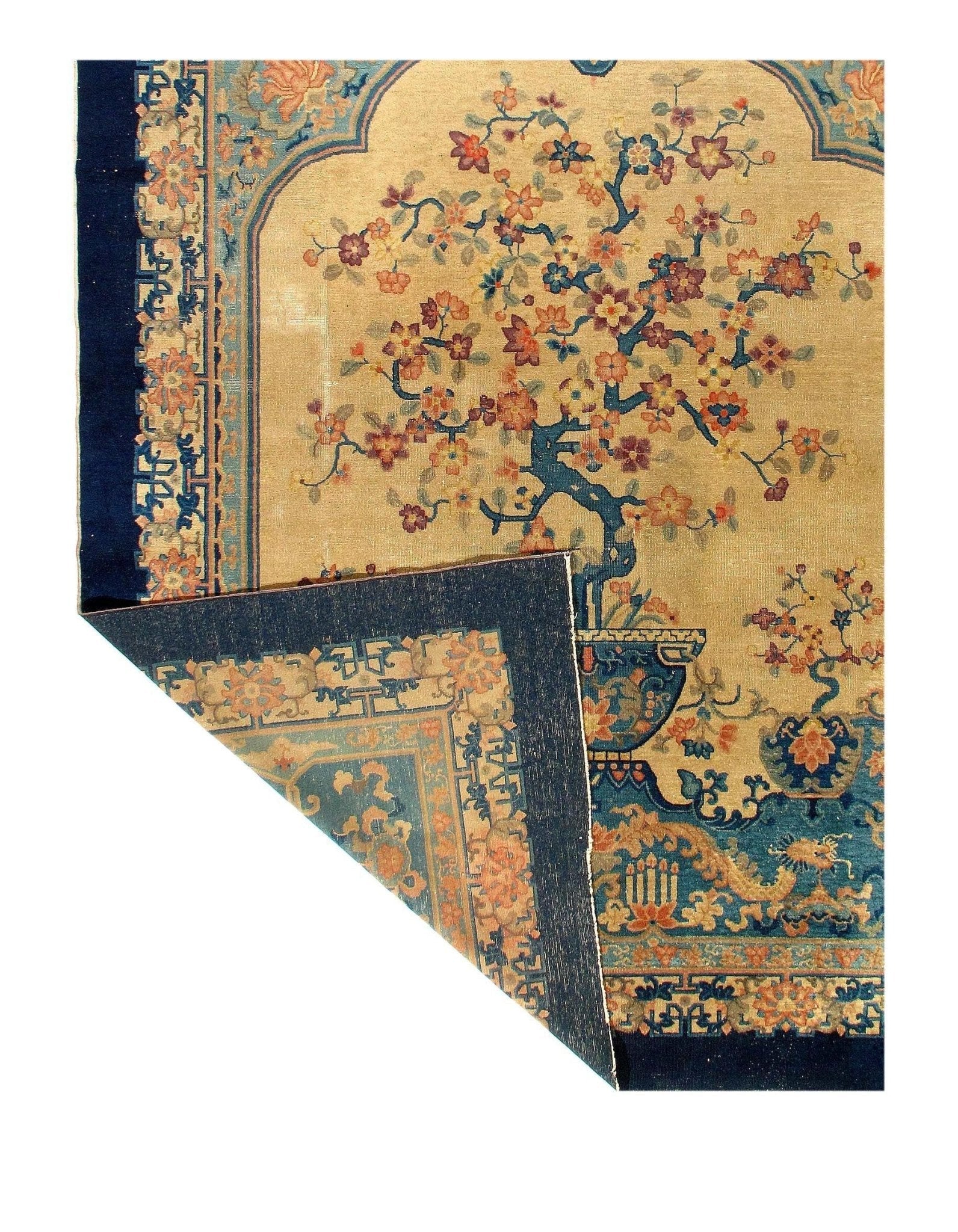 Canvello Genuine Handmade Rug Beige Navy Blue Vintage Chinese Art Deco Area Rug for Living Room Home Decor Antique Rug - 7'11'' X 9'6''-4