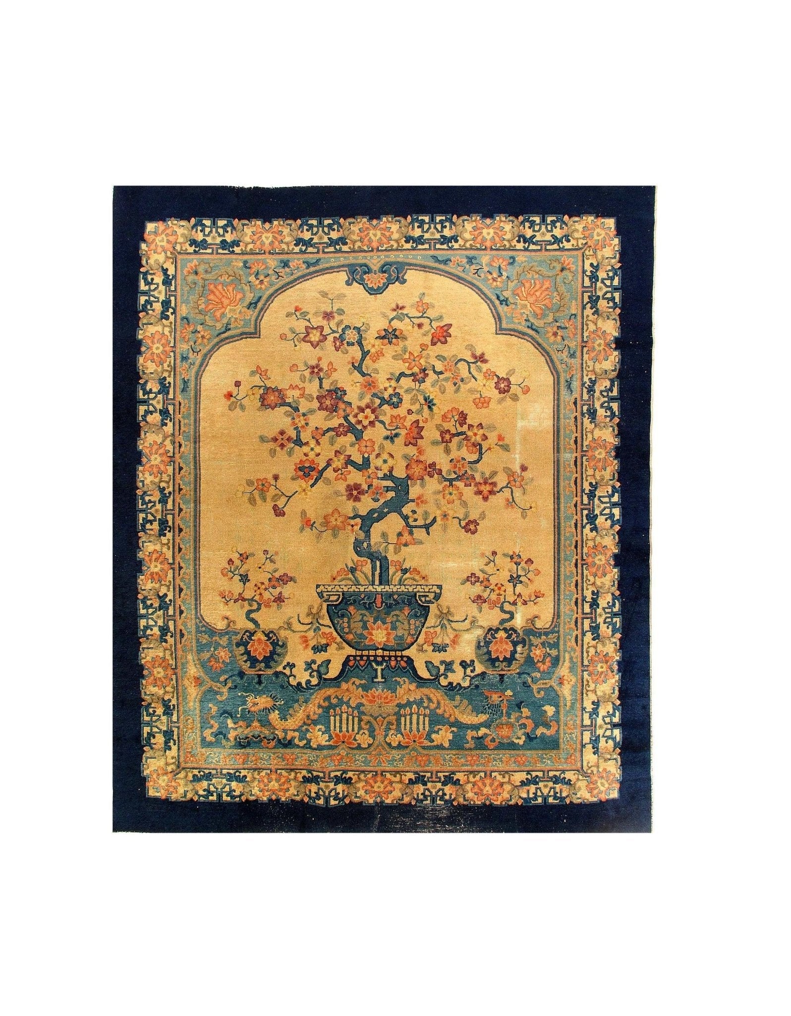 Canvello Genuine Handmade Rug Beige Navy Blue Vintage Chinese Art Deco Area Rug for Living Room Home Decor Antique Rug - 7'11'' X 9'6''-1