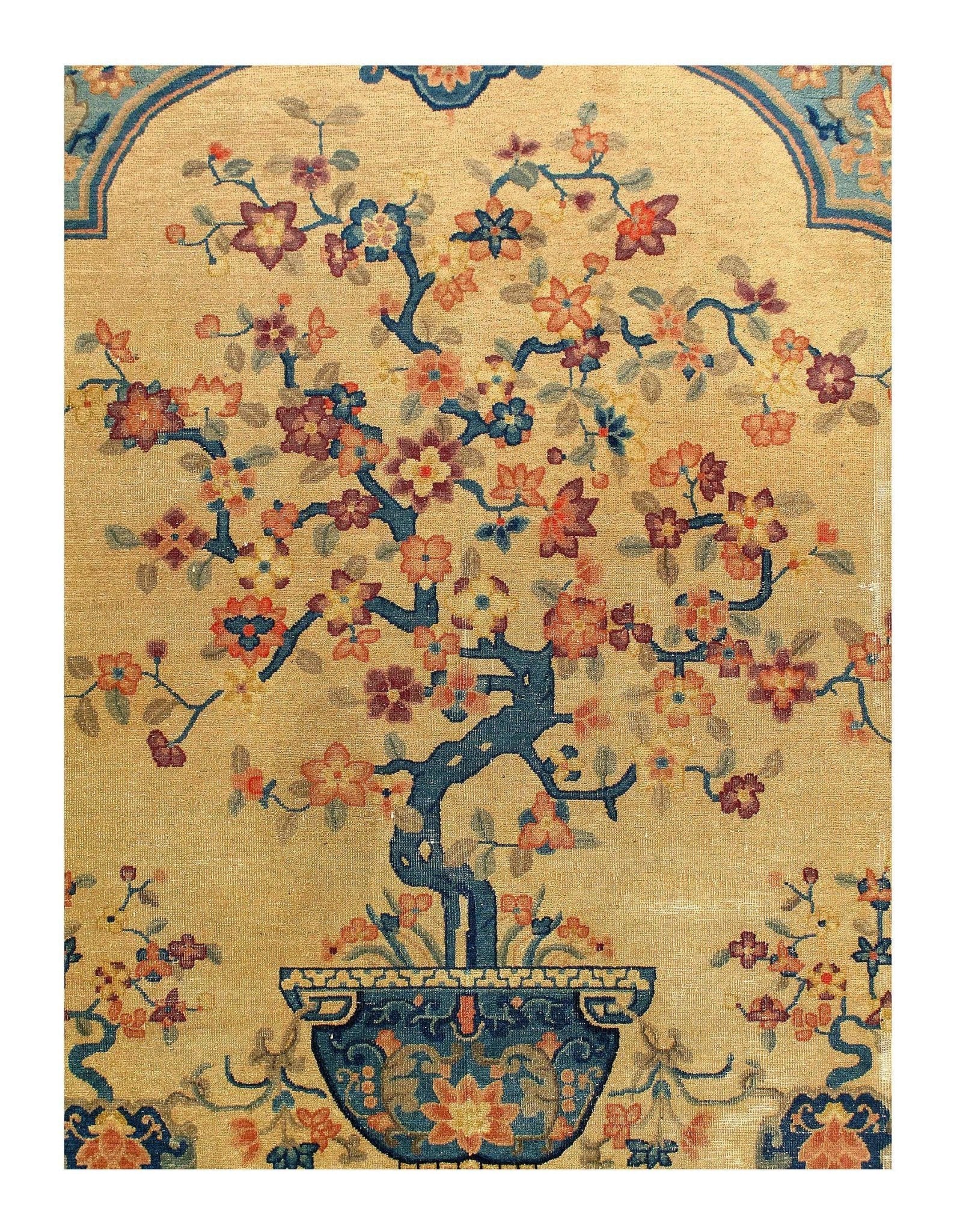 Canvello Genuine Handmade Rug Beige Navy Blue Vintage Chinese Art Deco Area Rug for Living Room Home Decor Antique Rug - 7'11'' X 9'6''-2