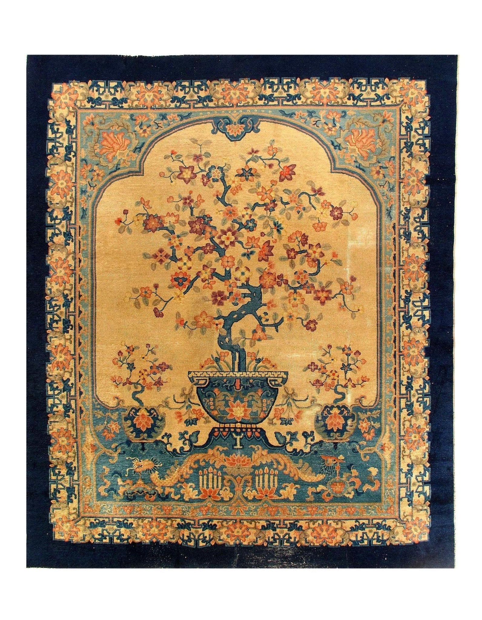 Canvello Genuine Handmade Rug Beige Navy Blue Vintage Chinese Art Deco Area Rug for Living Room Home Decor Antique Rug - 7'11'' X 9'6''-0
