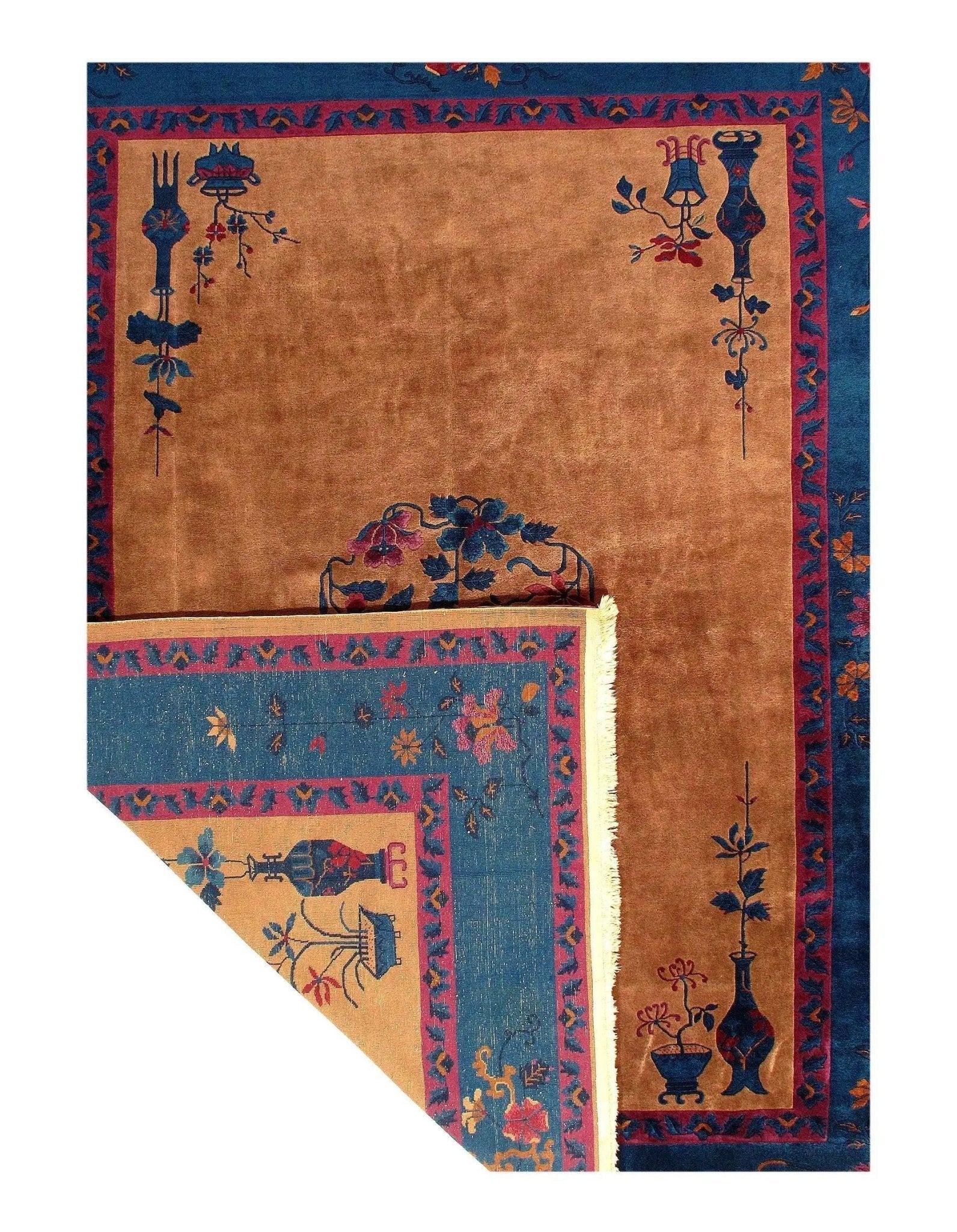 Canvello Genuine Handmade Rug Light Brown Blue Vintage Chinese Art Deco Area Rug for Living Room Home Decor Antique Rug - 9'3'' X 11'8''-3