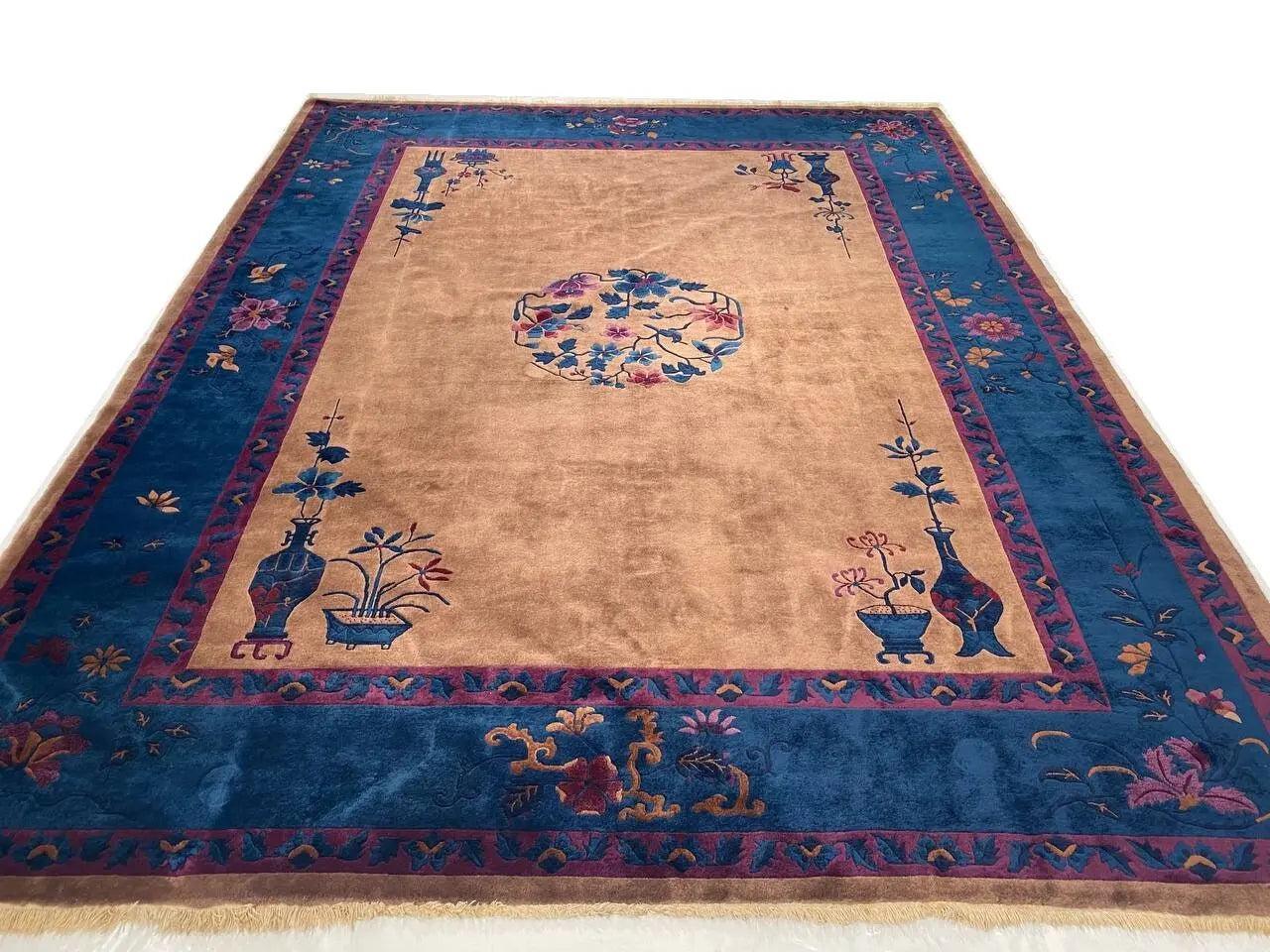 Canvello Genuine Handmade Rug Light Brown Blue Vintage Chinese Art Deco Area Rug for Living Room Home Decor Antique Rug - 9'3'' X 11'8''-4
