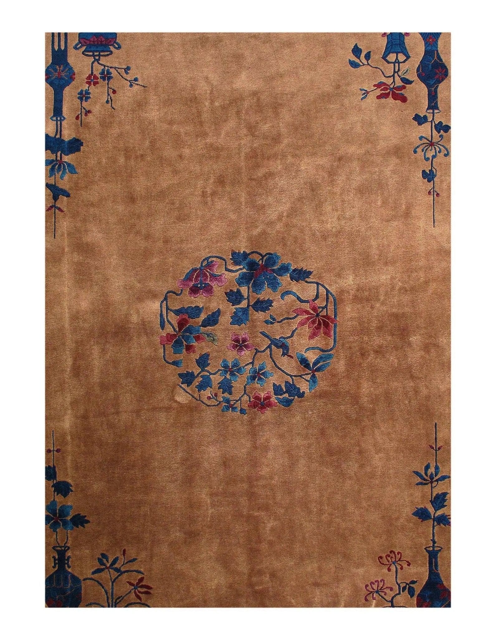 Canvello Genuine Handmade Rug Light Brown Blue Vintage Chinese Art Deco Area Rug for Living Room Home Decor Antique Rug - 9'3'' X 11'8''-1