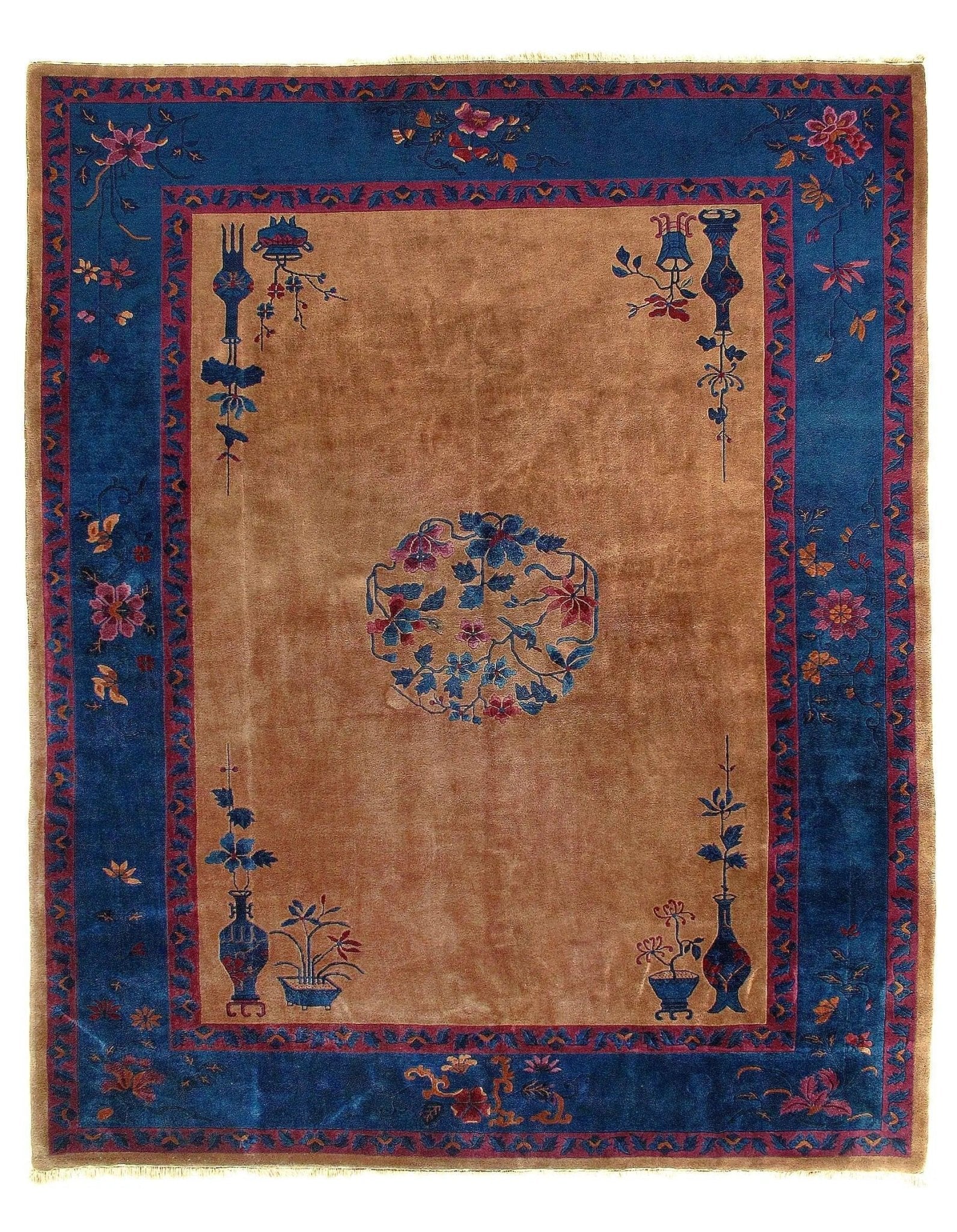 Canvello Genuine Handmade Rug Light Brown Blue Vintage Chinese Art Deco Area Rug for Living Room Home Decor Antique Rug - 9'3'' X 11'8''-0