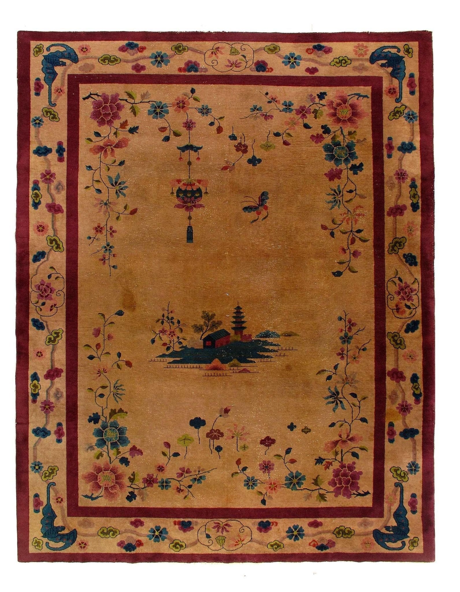 Canvello Genuine Handmade Rug Light Brown Vintage Chinese Art Deco Area Rug for Living Room Home Decor Antique Rug - 8' 11''X 11'8''-1