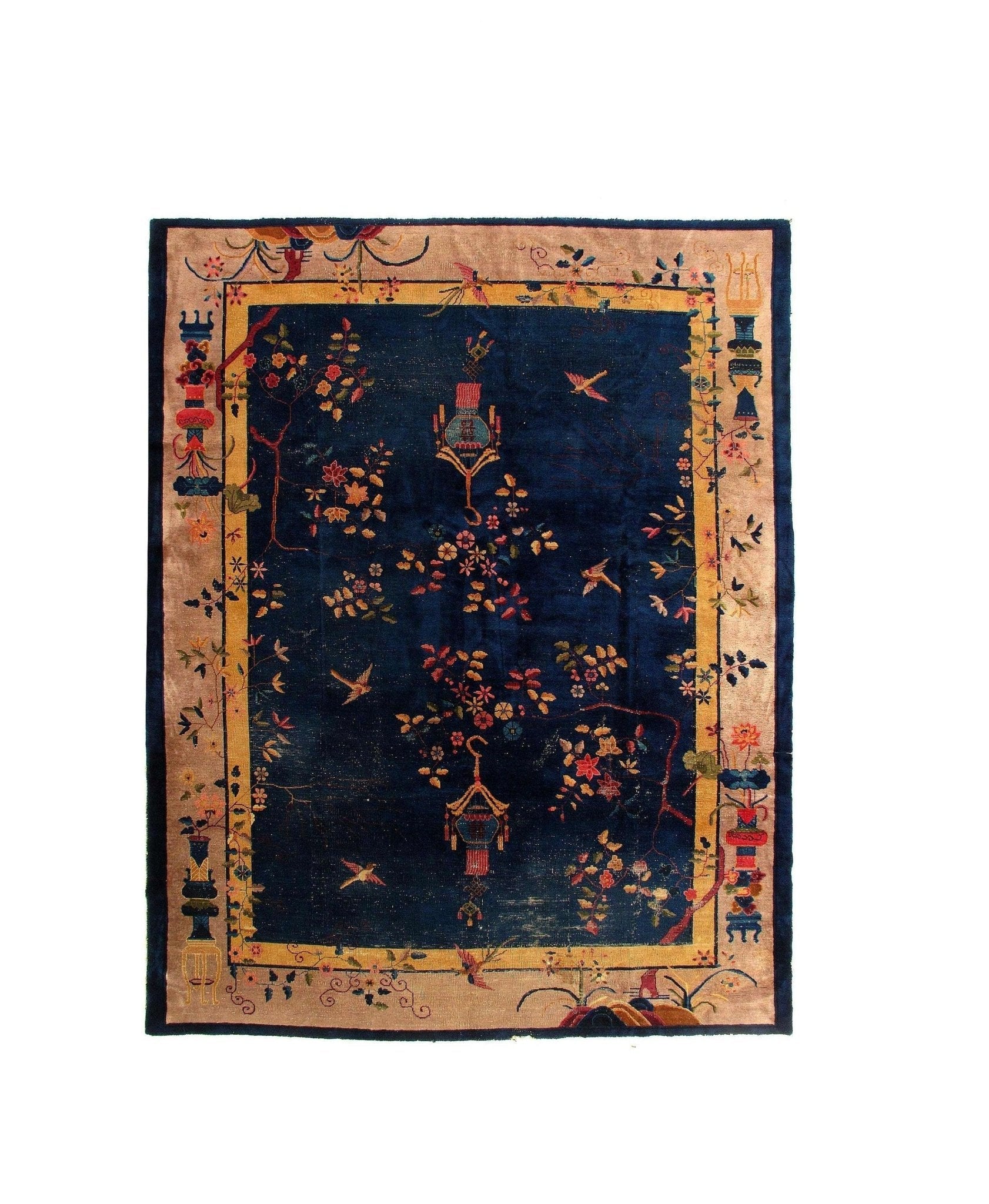 Canvello Genuine Handmade Rug Navy Blue Beige Vintage Chinese Art Deco Area Rug for Living Room Home Decor Antique Rug - 9'2'' X 11'5''-0