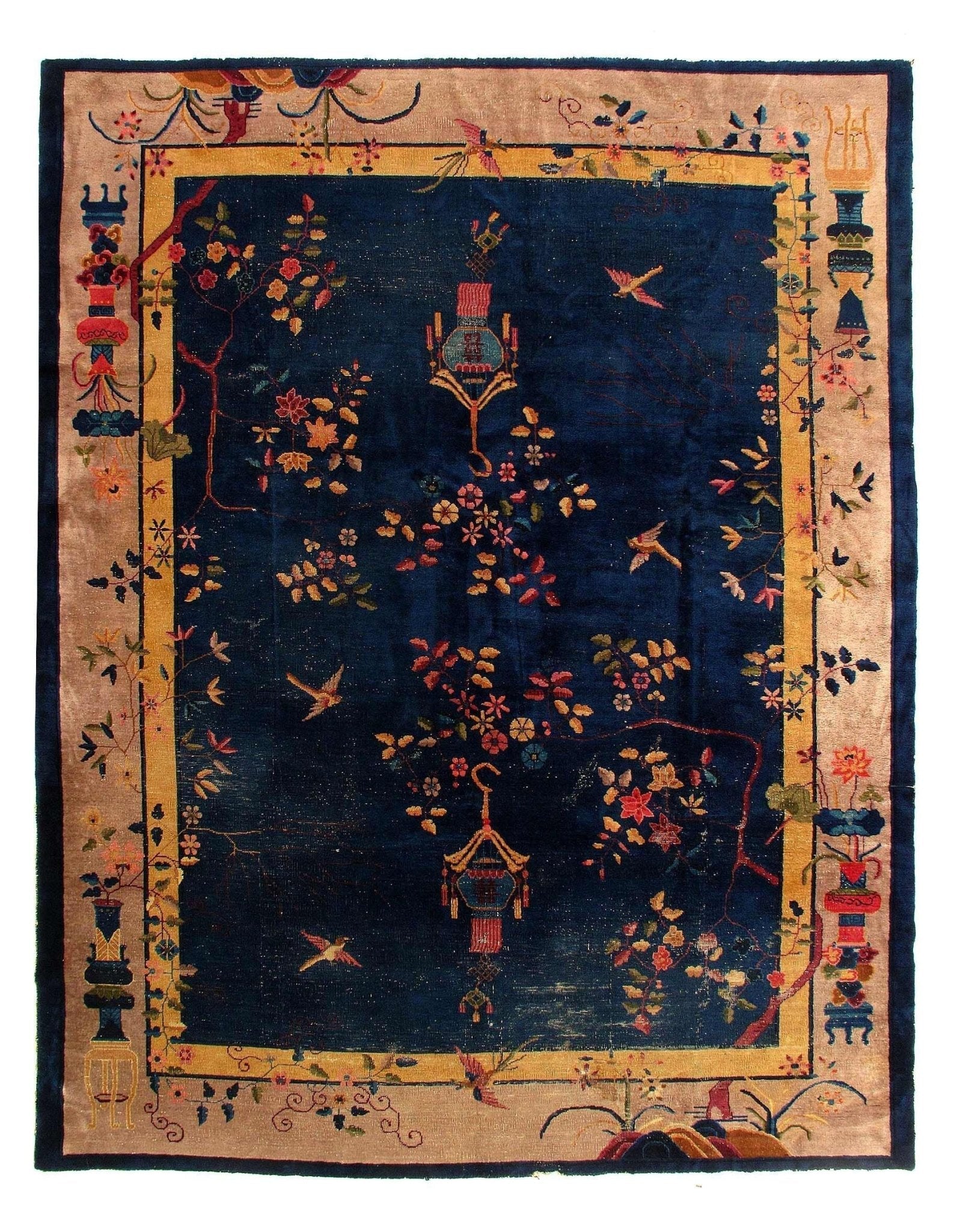 Canvello Genuine Handmade Rug Navy Blue Beige Vintage Chinese Art Deco Area Rug for Living Room Home Decor Antique Rug - 9'2'' X 11'5''-1