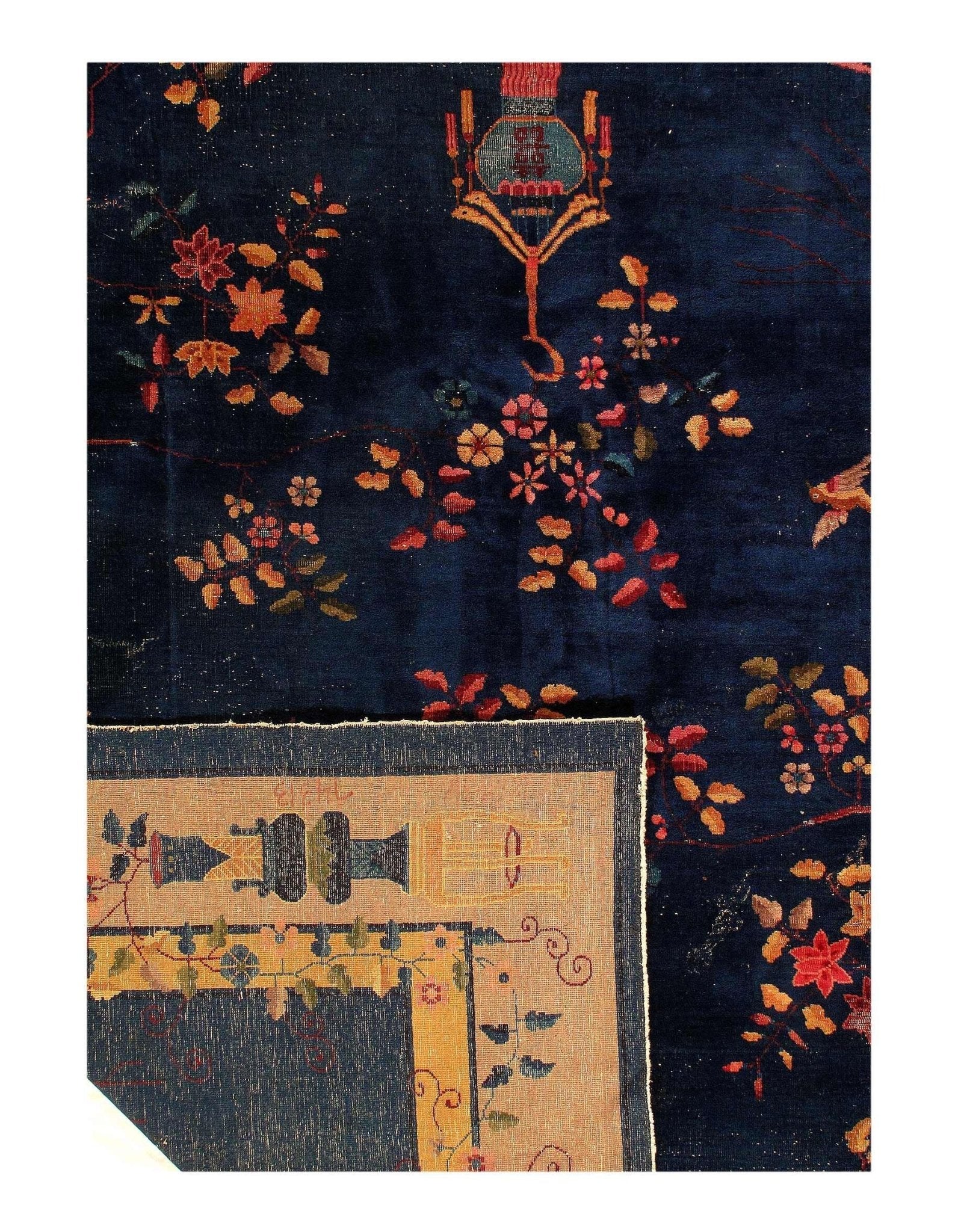 Canvello Genuine Handmade Rug Navy Blue Beige Vintage Chinese Art Deco Area Rug for Living Room Home Decor Antique Rug - 9'2'' X 11'5''-3