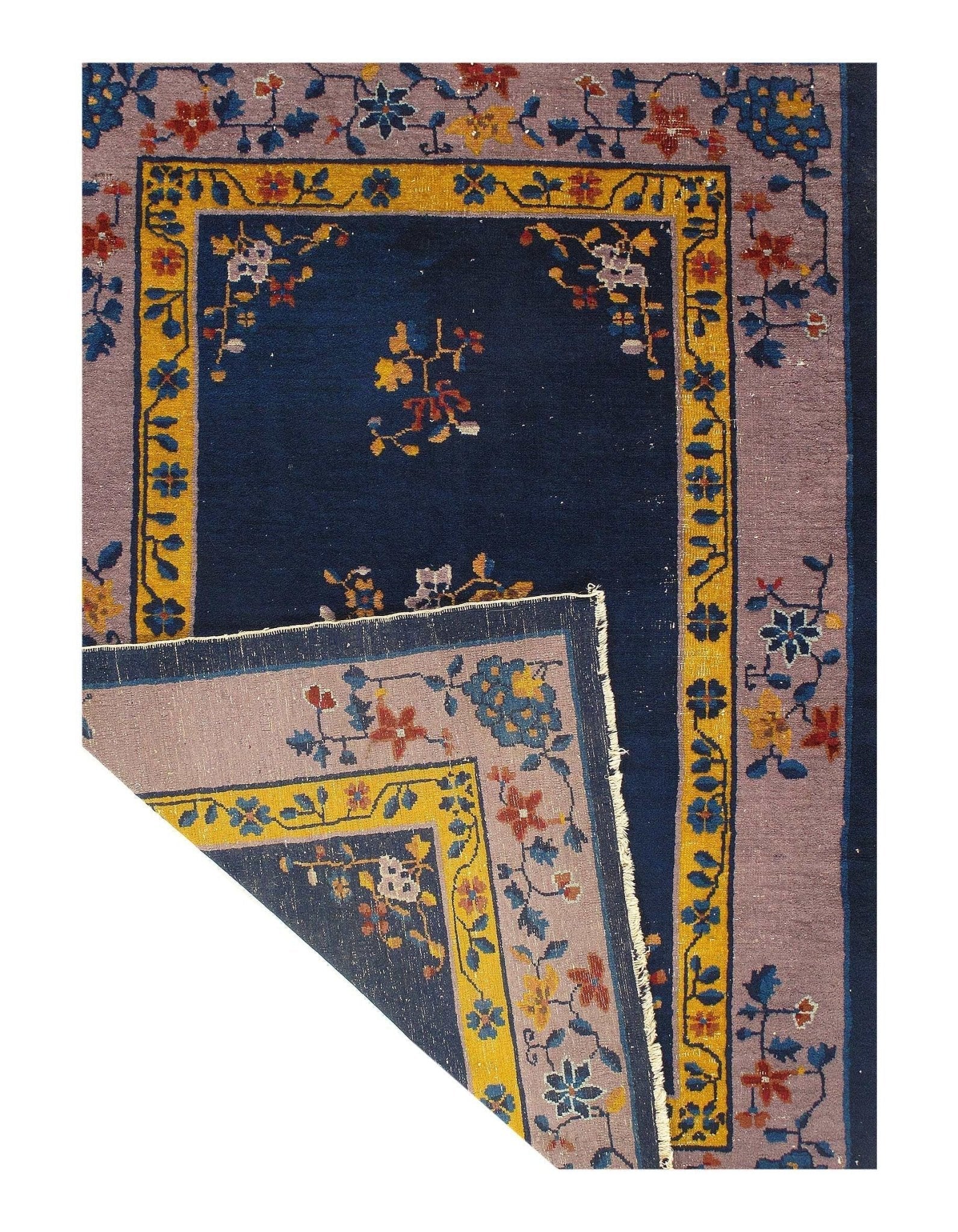 Canvello Genuine Handmade Rug Navy Blue Salmon Vintage Chinese Art Deco Area Rug for Living Room Home Decor Antique Rug - 4'2'' X 5'11''-3