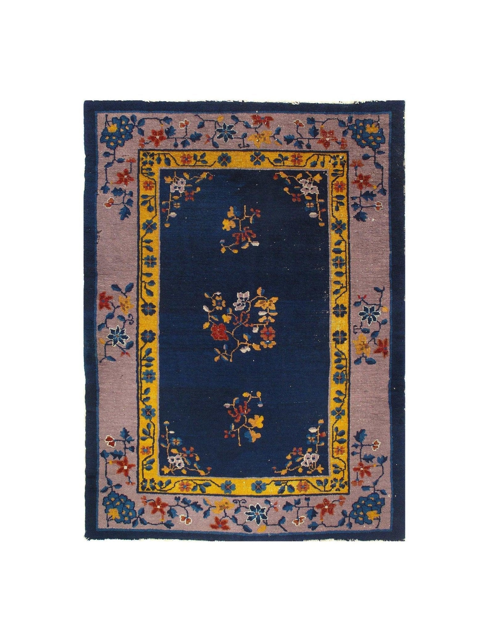 Canvello Genuine Handmade Rug Navy Blue Salmon Vintage Chinese Art Deco Area Rug for Living Room Home Decor Antique Rug - 4'2'' X 5'11''-0