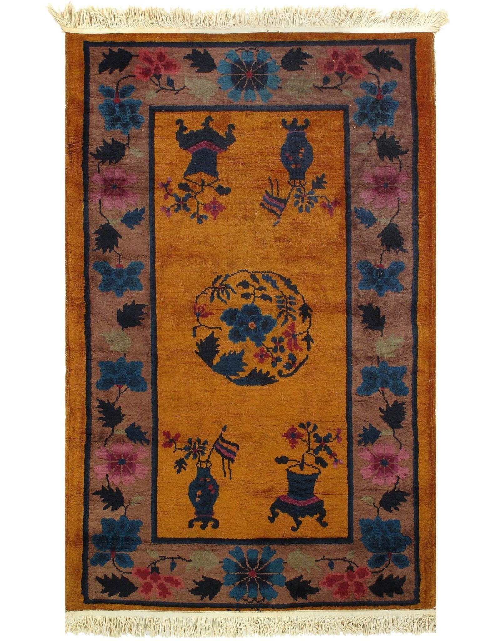 Canvello Genuine Handmade Rug Orange Vintage Chinese Art Deco Area Rug for Living Room Home Decor Antique Rug - 3'1'' X 4'9''-0