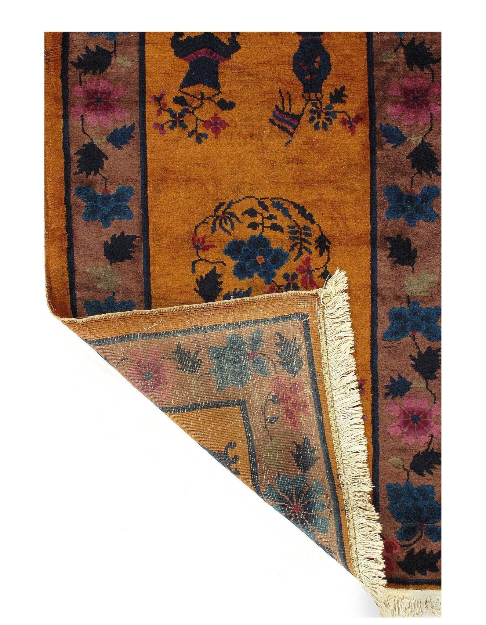 Canvello Genuine Handmade Rug Orange Vintage Chinese Art Deco Area Rug for Living Room Home Decor Antique Rug - 3'1'' X 4'9''-2