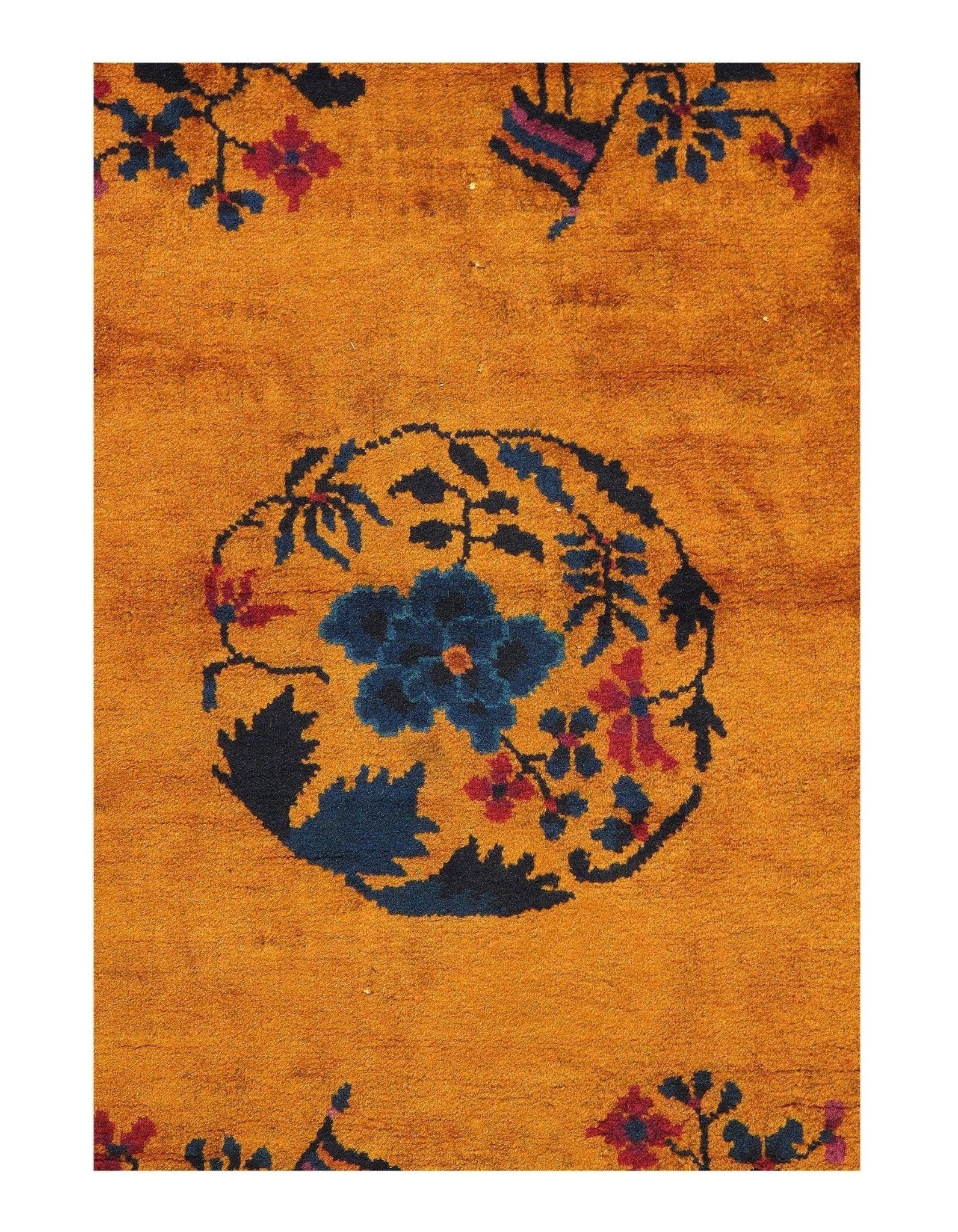 Canvello Genuine Handmade Rug Orange Vintage Chinese Art Deco Area Rug for Living Room Home Decor Antique Rug - 3'1'' X 4'9''-1