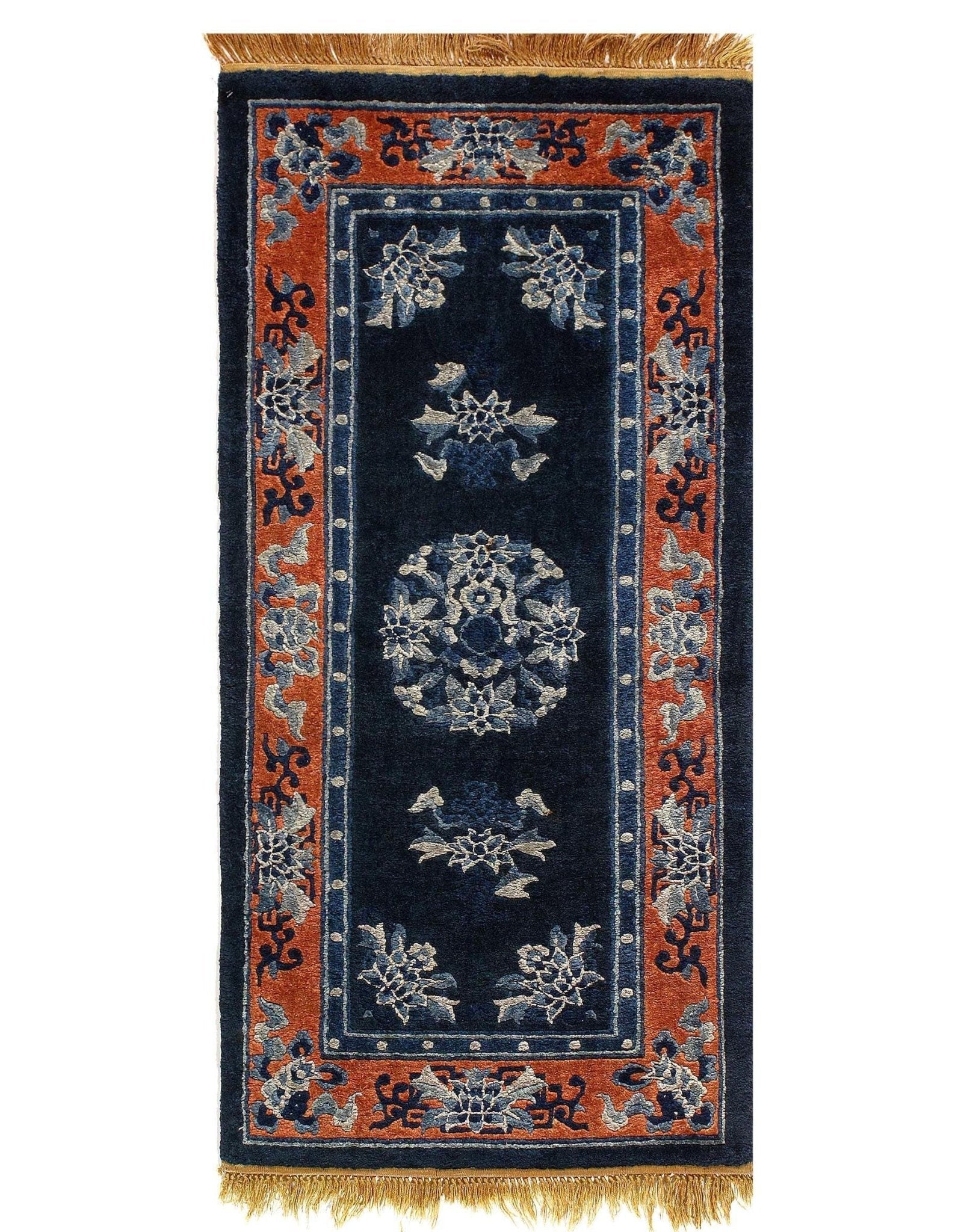 Canvello Genuine Handmade Runner Rug Navy Blue Rust Vintage Chinese Art Deco Runer Rug for Living Room Home Decor Antique Runner Rug - 2'1'' X 4'2''-1
