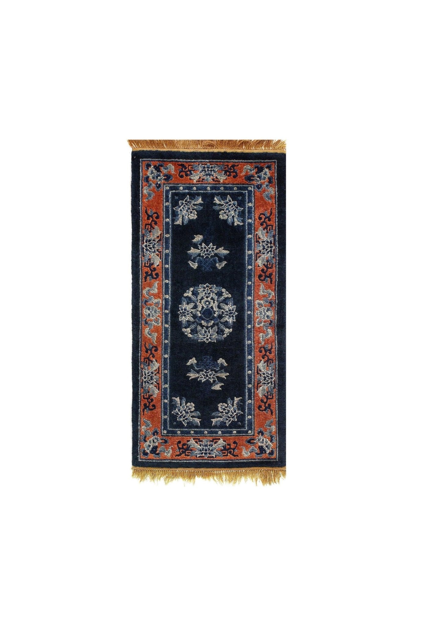 Canvello Genuine Handmade Runner Rug Navy Blue Rust Vintage Chinese Art Deco Runer Rug for Living Room Home Decor Antique Runner Rug - 2'1'' X 4'2''-0