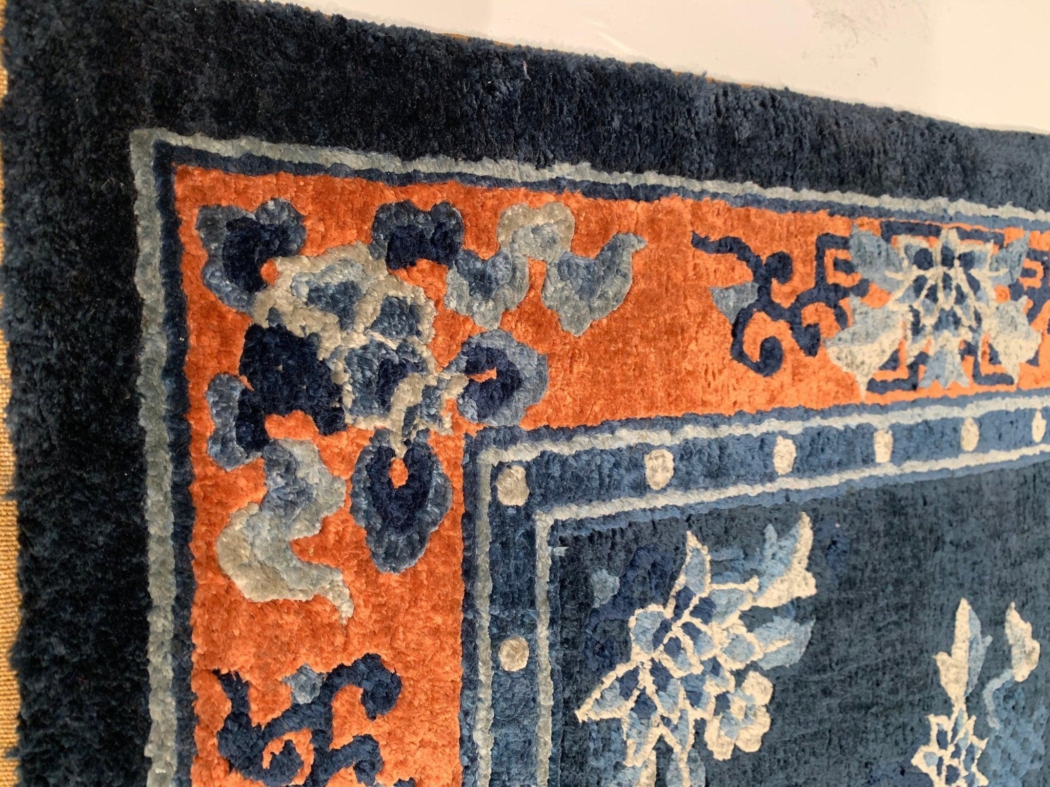 Canvello Genuine Handmade Runner Rug Navy Blue Rust Vintage Chinese Art Deco Runer Rug for Living Room Home Decor Antique Runner Rug - 2'1'' X 4'2''-4