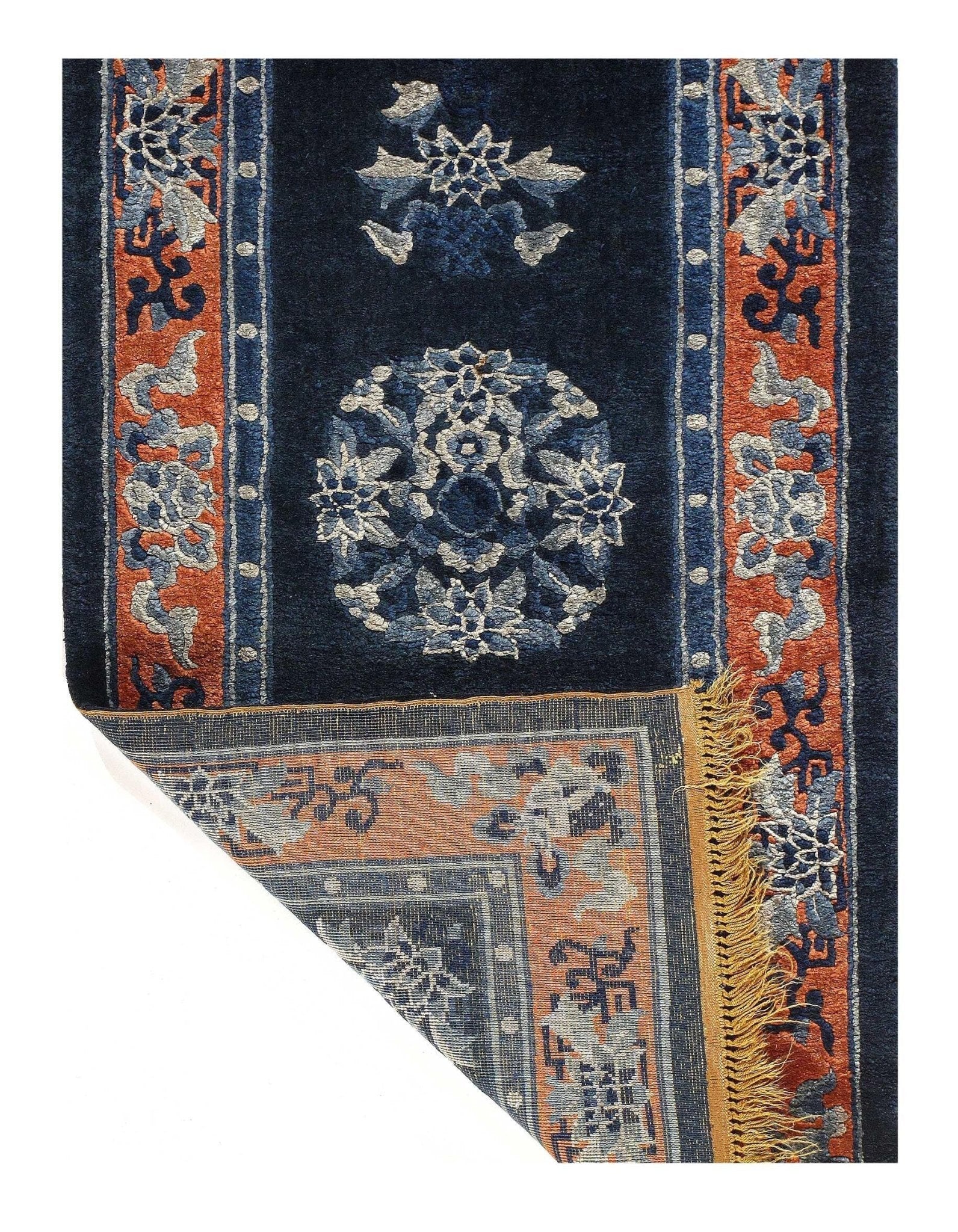 Canvello Genuine Handmade Runner Rug Navy Blue Rust Vintage Chinese Art Deco Runer Rug for Living Room Home Decor Antique Runner Rug - 2'1'' X 4'2''-3