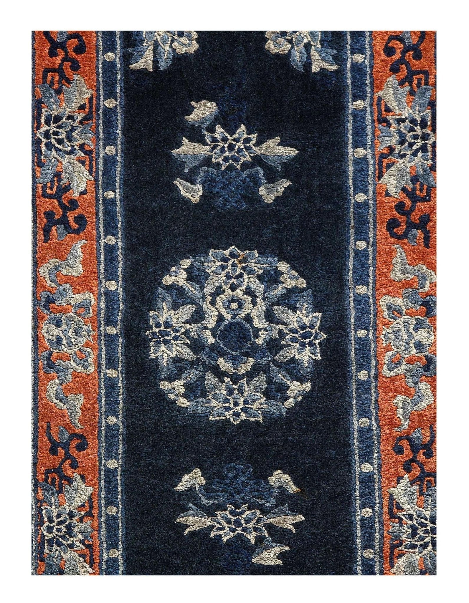 Canvello Genuine Handmade Runner Rug Navy Blue Rust Vintage Chinese Art Deco Runer Rug for Living Room Home Decor Antique Runner Rug - 2'1'' X 4'2''-2