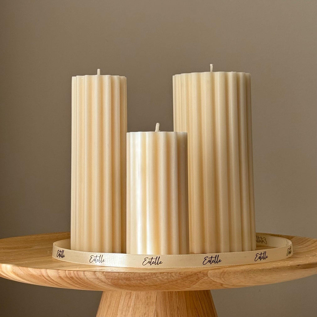 Hand Poured Soy Ribbed Pillar Candle Trio: Sculptural Art